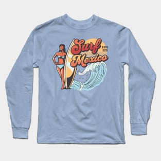 Surf Mexico // Vintage Surfer Babe // Retro Surfing Long Sleeve T-Shirt